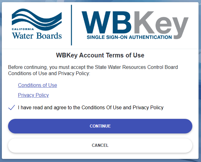 WBKey login - accept conditions of use and privacy policy