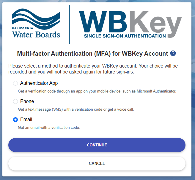 WBKey login - email method selection