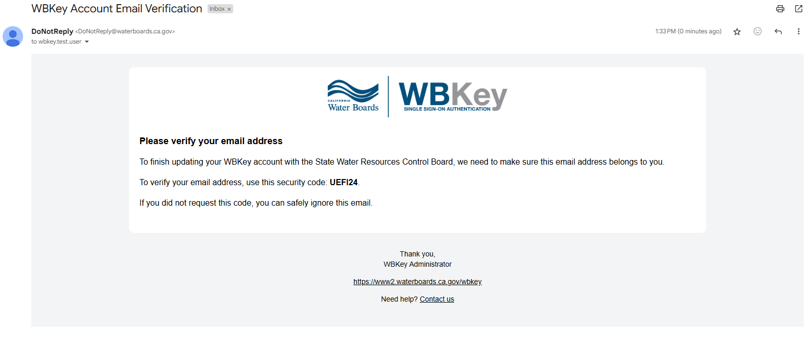 WBKey login - email sample message with verification code