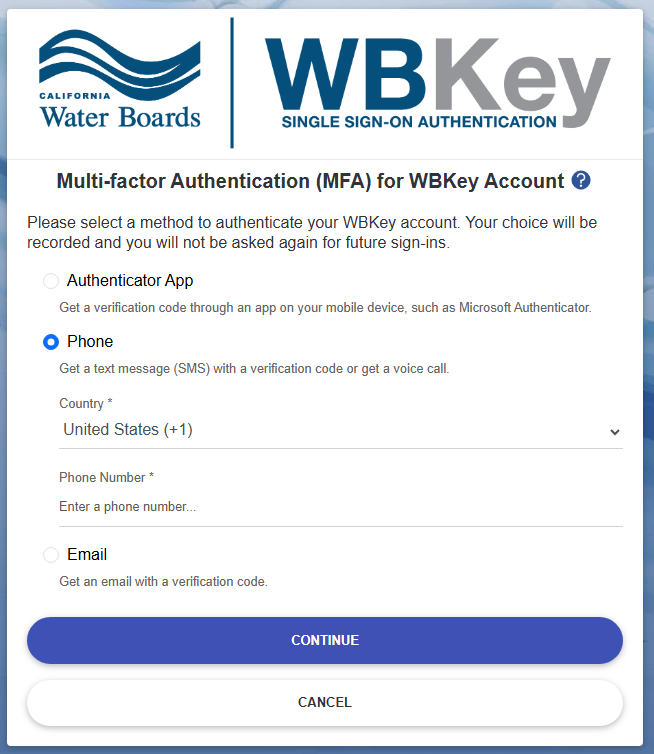 WBKey login - phone method selection