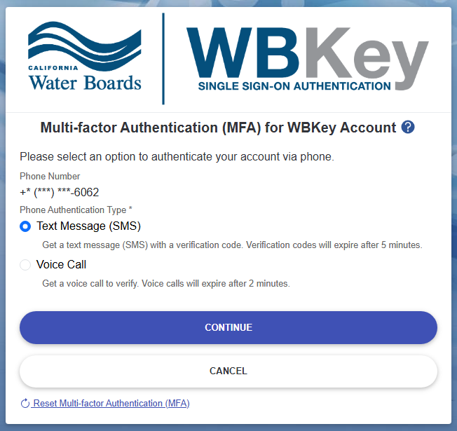 WBKey login - phone text message selection