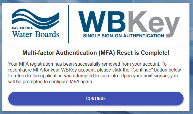 WBKey login - reset MFA complete message
